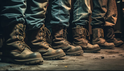 Army men in leather boots walking outdoors in dirty war generated by AI