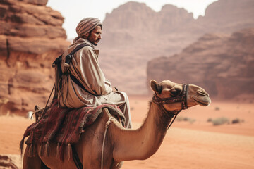 Side view of man in traditional Saudi dish dash, kaffiyeh, and agal sitting astride dromedary camel with red sandstone cliffs in background - obrazy, fototapety, plakaty