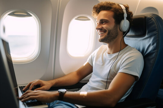 Side view of cheerful caucasian man smiling while using laptop computer, sitting on the airplane