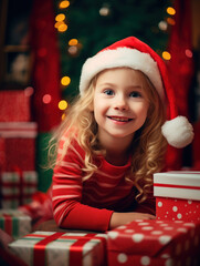 Little girl in Santa hat with lots of Christmas gifts, 5 years old blonde girl smiling and looking at camera, closeup vertical photo, ed and green colors