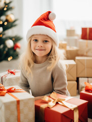 little girl with christmas gifts sitting in white living room with lots of Christmas gifts and Christmas tree, blonde girl wearing a Christmas hat smiling looking at camera, Sacndinavian interior