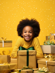 Child with Christmas gift boxes, little African-American girl with lots of Christmas gift boxes smiling and looking at camera, studio photo, yellow background, snowflakes, yellow and gold colors