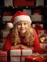 child in santa hat with christmas presents, lots of gift boxes, 6-7 years old blonde girl wearing a Santa hat smiling looking at camera, vertical photo