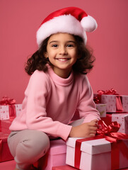 Little girl in Santa hat with lots of Christmas gifts, child wearing pink sweater sitting on the floor with lots of gifts wrapped in paper, brunette girl smiling looking at camera, pink background