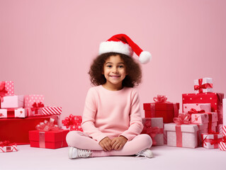 Little girl in Santa hat with lots of Christmas gift boxes sitting on the smiling looking at camera, 5 years old model, studio photo on pale pink background with copy space, template for banner