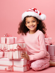 Little girl in Santa hat with lots of Christmas gifts, child wearing pink pijamas sitting on the floor with lots of gifts wrapped in paper, brunette girl smiling looking at camera, pink background