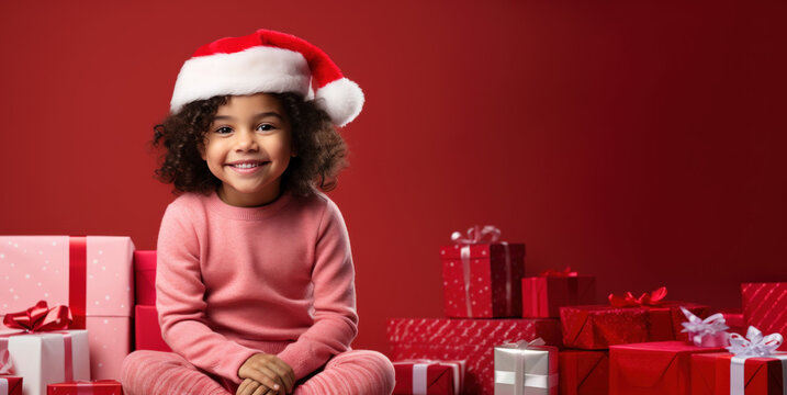 Little girl wearing santa claus hat with gift boxes, 4-5 years old African-American girl with Christmas gifts, smiling, looking at camera, copy space horizontal photo on red studio background
