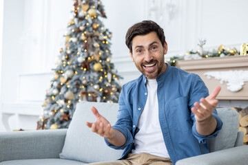 Portrait of mature man for Christmas, celebrating new year, looking at camera, talking with friends...