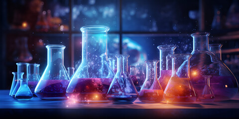 Laboratory glassware creates an immersive chemistry science atmosphere  Chemical laboratory background Laboratory concept AI Generative  - obrazy, fototapety, plakaty