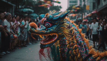The dragon parade in Chinatown is a colorful celebration generated by AI