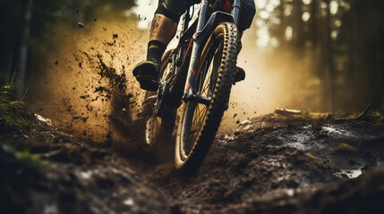 Mountain Bike rider on blurred motion mud dirt rainy mountain road