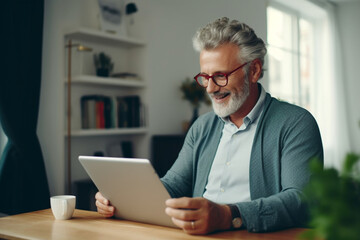 Smiling mature man reading business report on his tablet while sitting at home office desk with documents