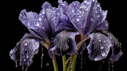 Purple iris flowers with water drops isolated on black background . Mother's day concept with a...