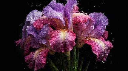 Beautiful iris flowers on a black background with water drops . Mother's day concept with a space...