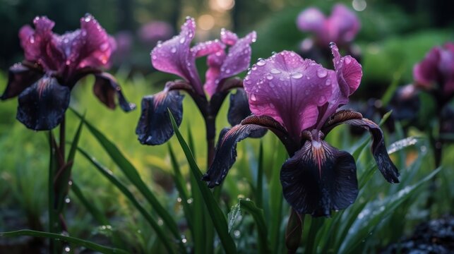 Beautiful purple iris flowers with raindrops in the garden . Mother's day concept with a space for a text. Valentine day concept with a copy space.