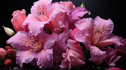 Bouquet of pink lilies on a black background with water drops . Mother's day concept with a space...