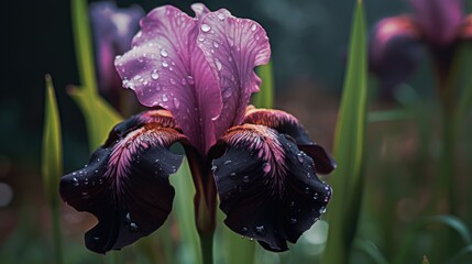 Purple iris flower with rain drops on petals in the garden . Mother's day concept with a space for a text. Valentine day concept with a copy space.