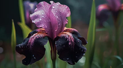 Fotobehang Purple iris flower with rain drops on petals in the garden . Mother's day concept with a space for a text. Valentine day concept with a copy space. © John Martin