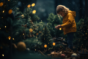 A boy wearing orange jacket, surrounded by glittering bokeh, toys and Christmas trees, is looking at his hands. 