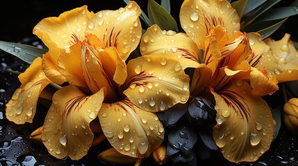 Beautiful lily flowers with water drops on black background, closeup . Mother's day concept with a...