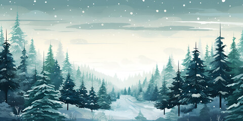 Green pine tree forest in winter with snow at night, background illustration