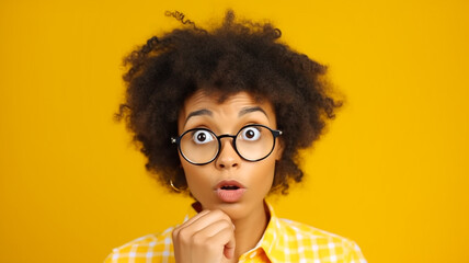 Photo of young funny african american woman brown hair pouty lips unexpected holding specs cant believe her eyes isolated on yellow color background.