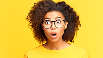 Photo of young funny african american woman brown hair pouty lips unexpected holding specs cant believe her eyes isolated on yellow color background.

