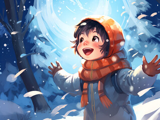 Obraz na płótnie Canvas Portrait of a smiling child looking happy for snow, anime illustration