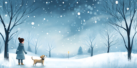 Winter illustration of a girl walking with a dog, snowy blue background with trees