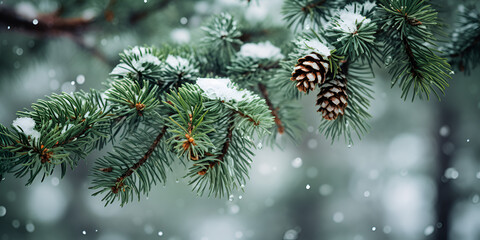 Close up of green pine tree branch with snow and pinecones 