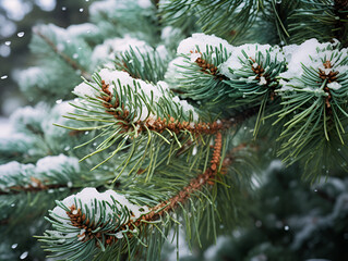 Close up of green pine tree branch with snow and pinecones 