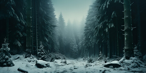Pine forest in winter with snow at day evening