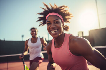 Tennis, sports and competition with a black woman and doubles partner playing a game on a court outdoor together, Fitness, team and exercise with a man and female tennis player at a venue for sport - obrazy, fototapety, plakaty