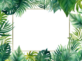 Fototapeta na wymiar Illustration frame background with green tropical leaves and white copy space inside for text 