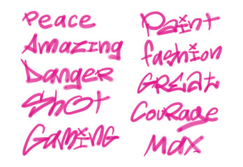Collection of graffiti street art tags with words and symbols in purple color on white background