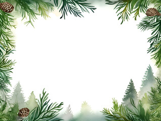 Watercolor green pine frame background with white copy space for text