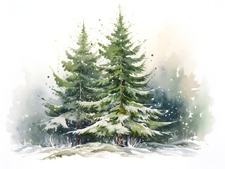 Obraz premium Watercolor smooth green pine tree in the forest. background illustration