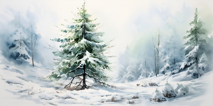 Watercolor smooth green pine tree in the forest background illustration