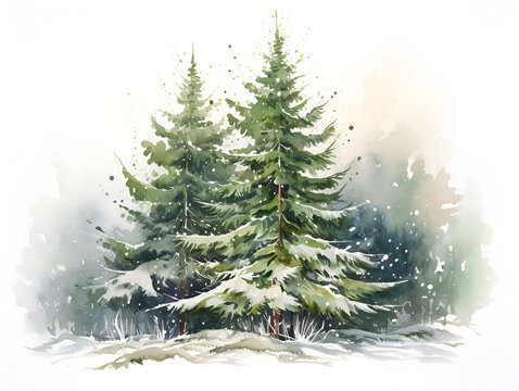 Watercolor smooth green pine tree in the forest. background illustration © TatjanaMeininger