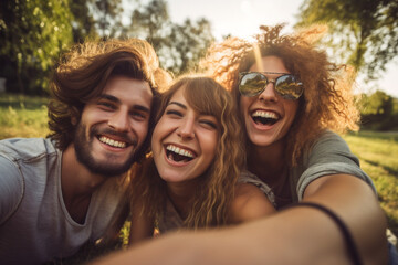 Three young people having good time together in park lying on grass taking selfie on mobile phone, Summer nature,Portrait of People lifestyle, Happy lifestyle