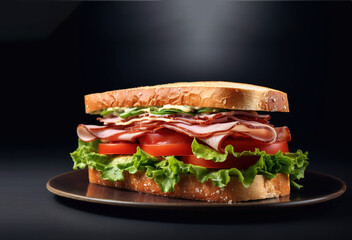 sandwich with ham lettuce tomato and onion on black background