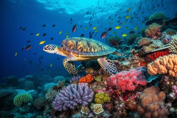 a beautiful sea turtle swimming among colorful fish in a vibrant coral reef, displaying the interconnectedness of marine life. Generative AI