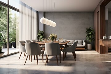 Luxurious contemporary interior design with a blend of grey walls, sleek furniture, ample lighting, and a large window. 3D rendered illustration of a dining room. Generative AI