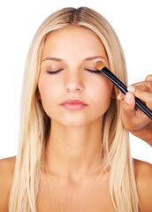 Fototapeta premium Makeup brush, eyeshadow woman in studio with hands for beauty, wellness or glamour makeover on white background. Powder, cosmetics lady model face with beautician for professional eye application