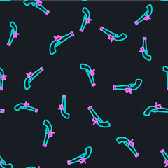 Line Vintage pistol icon isolated seamless pattern on black background. Ancient weapon. Vector