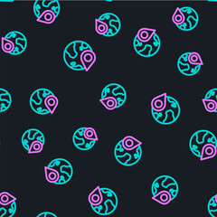 Line Location on the globe icon isolated seamless pattern on black background. World or Earth sign. Vector