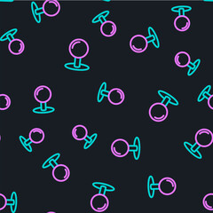 Line Push pin icon isolated seamless pattern on black background. Thumbtacks sign. Vector