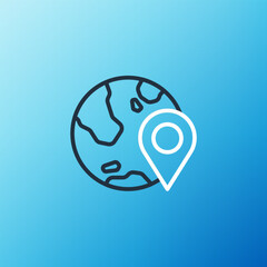 Line Location on the globe icon isolated on blue background. World or Earth sign. Colorful outline concept. Vector