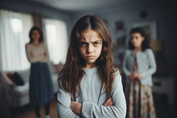 Unhappy, moody and angry little girl standing with arms crossed and looking upset while ignoring her mom, Upset, naughty and problem daughter or child and her angry or disappointed mother at home - obrazy, fototapety, plakaty