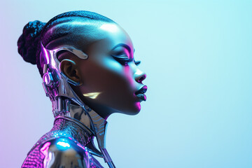 Vaporwave profile, black woman and cyberpunk cosmetics with model thinking in a studio, Isolated, glow makeup and futuristic cyber fashion of a young person with chrome clothing and scifi design - obrazy, fototapety, plakaty